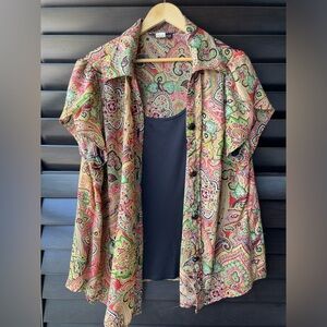 Gloria Lance Green Yellow Paisley Short Sleeve Top With Built In tank 3X